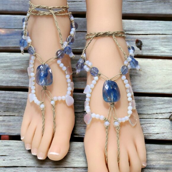NEW Opalite Gemstone and Blue Glass  Barefoot Sandals. - Picture 5 of 6